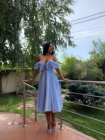 Blue Off The Shoulder Short Prom Dress HZ1023